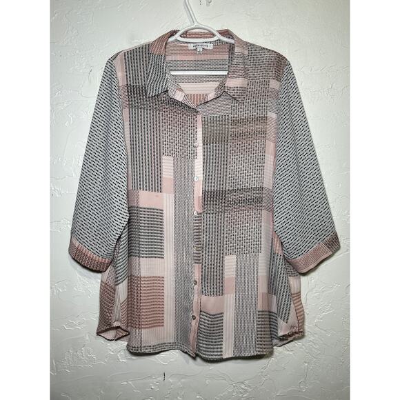 Rose + Olive button down patchwork geometric lightweight blouse womens 1X boho - Picture 1 of 7